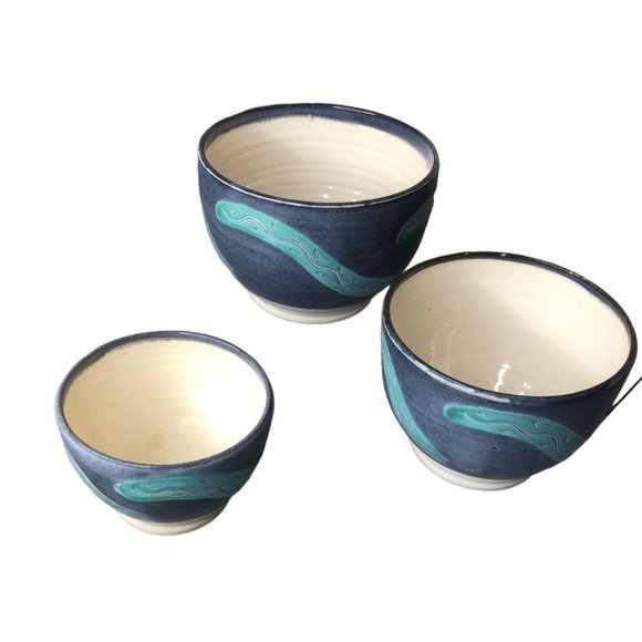 Artisan Pottery Ceramic Nesting Bowls Set Blue Turquoise 1987 Southwestern EUC - Picture 3 of 12